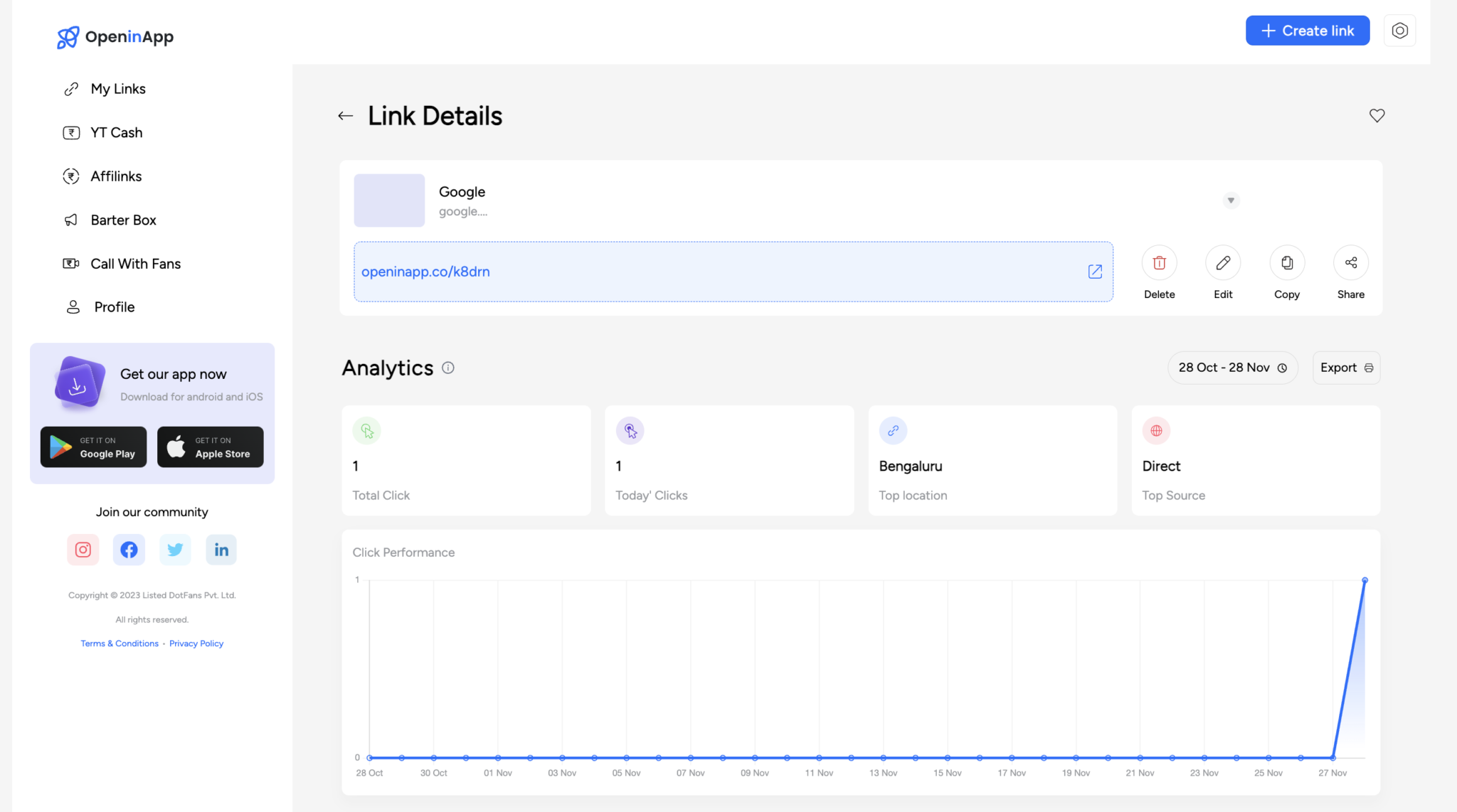 What is open in app ? Best link shortener